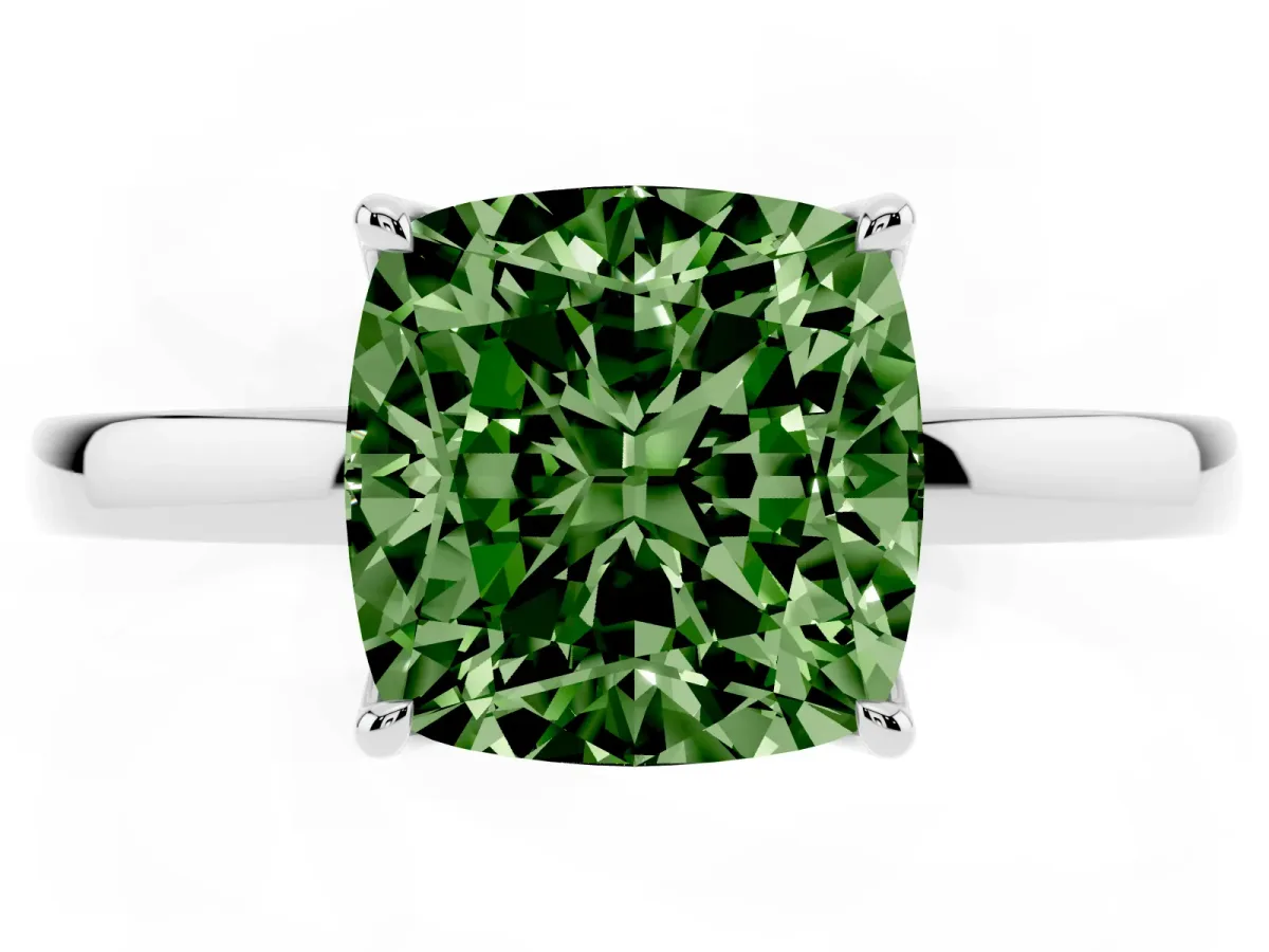 Fancy Green Cushion Cut Diamond Solitaire Ring with Thin Band and Prong Setting White gold