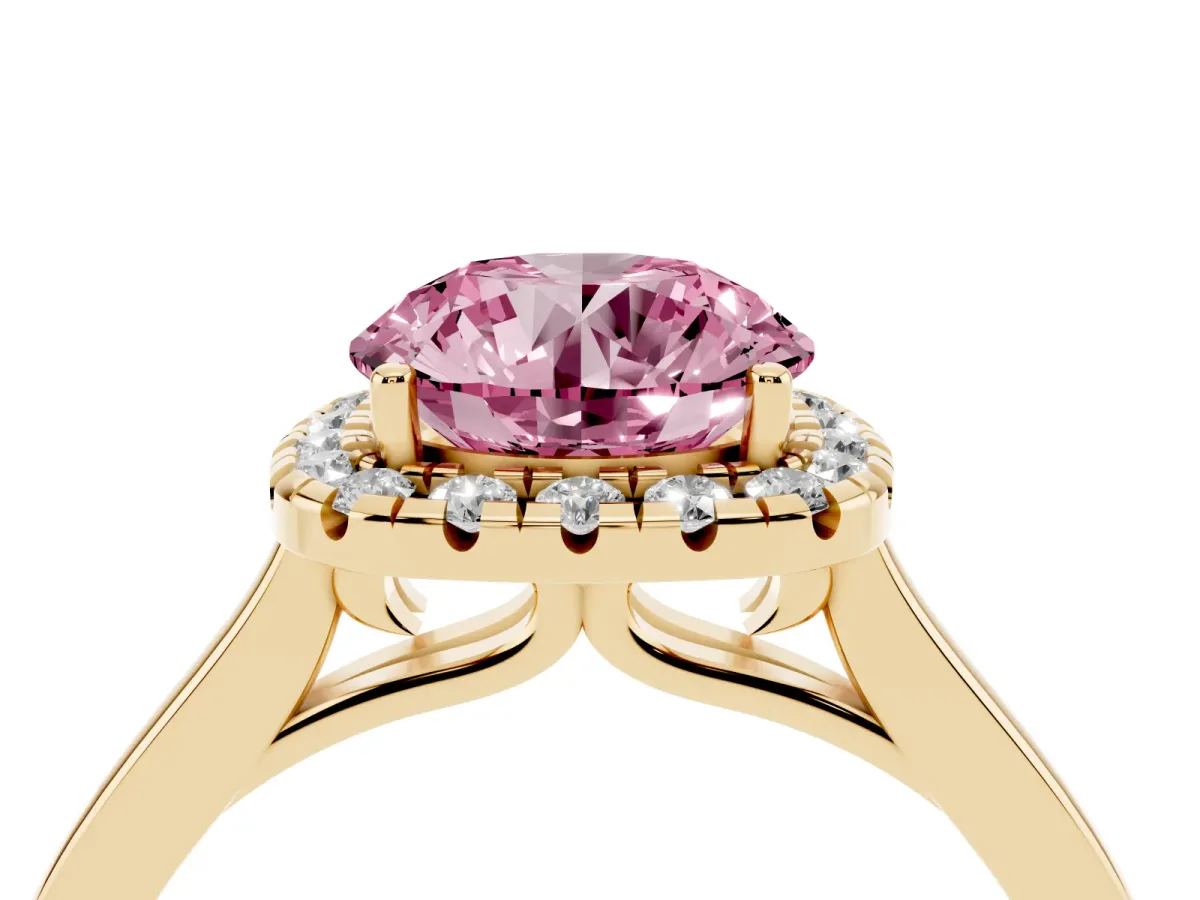 Fancy Pink Round Cut Halo Round Diamond Solitaire Ring with Pavé Band and Four-Prong Setting Yellow gold
