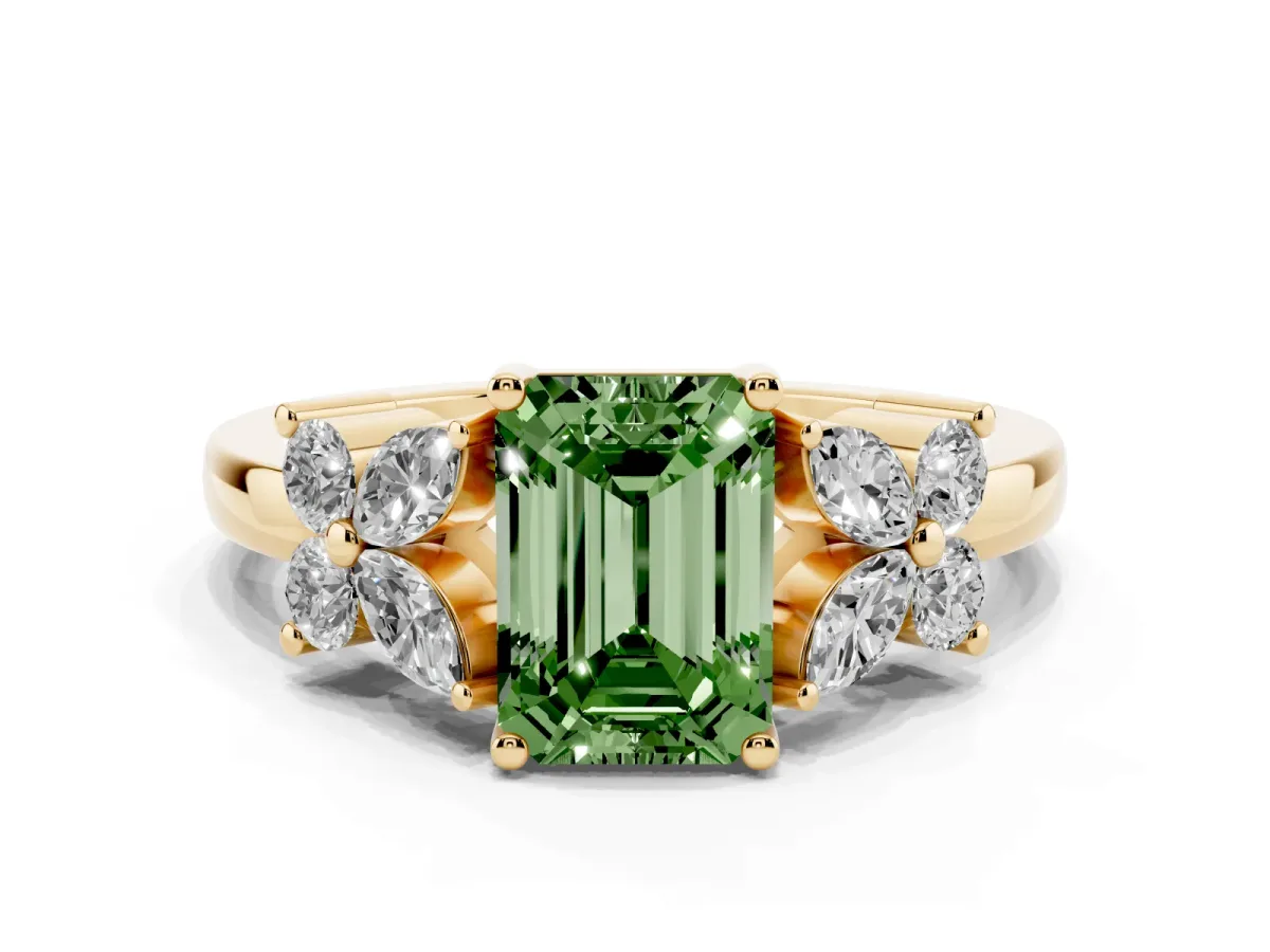 Fancy Green Emerald Cut Diamond Floral Cluster Ring with Solitaire Band and Prong Setting Yellow gold