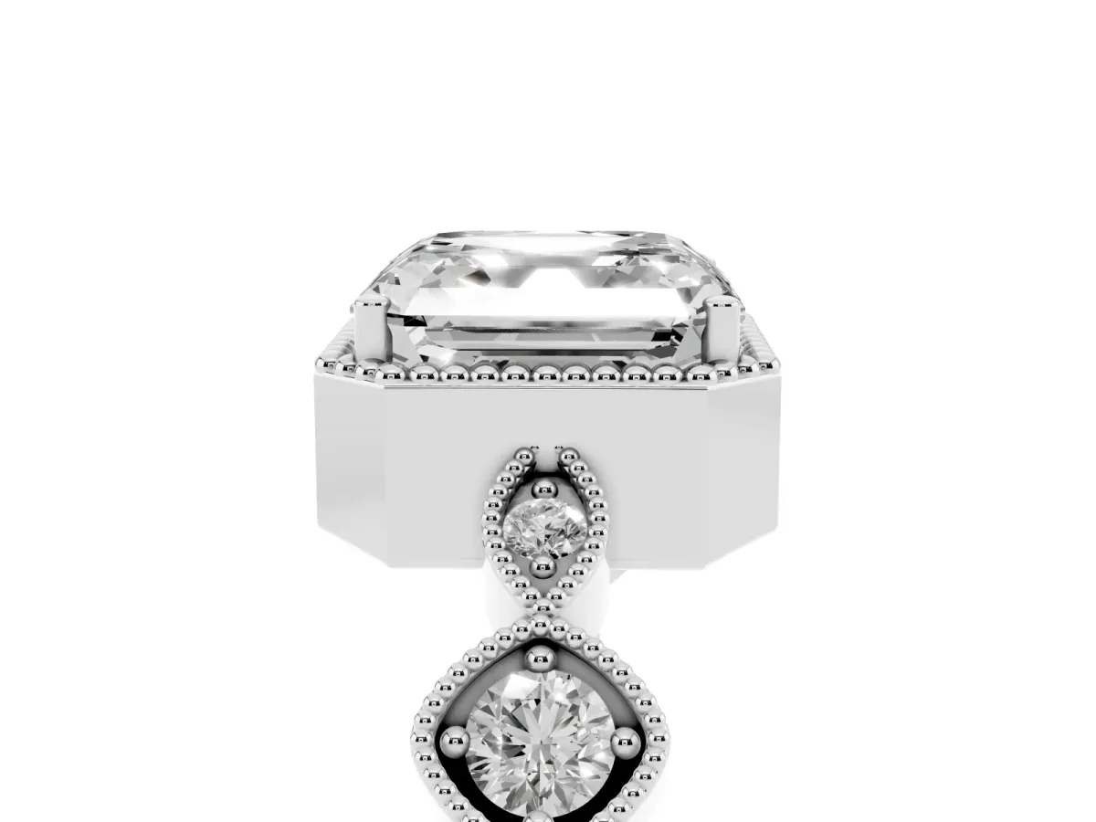Asscher Cut Diamond Vintage Milgrain Ring with Round Stations Platinum