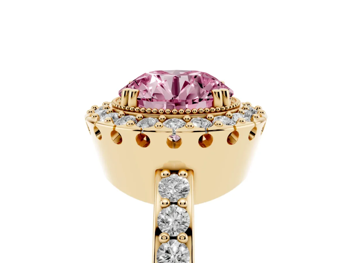 Fancy Pink Round Cut Diamond Halo Ring with Pavé Band and Prong Setting Yellow gold
