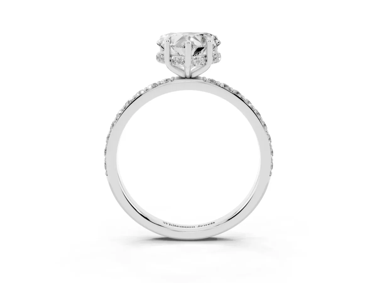 Heart Cut Diamond Solitaire Ring with Pavé Band and Hidden Halo Silver