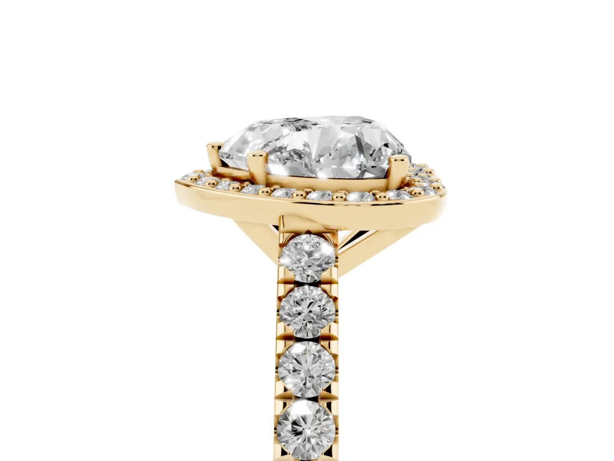 Heart Cut Cut Halo Diamond Engagement Ring with Pave Band and Four-Prong Setting Yellow gold