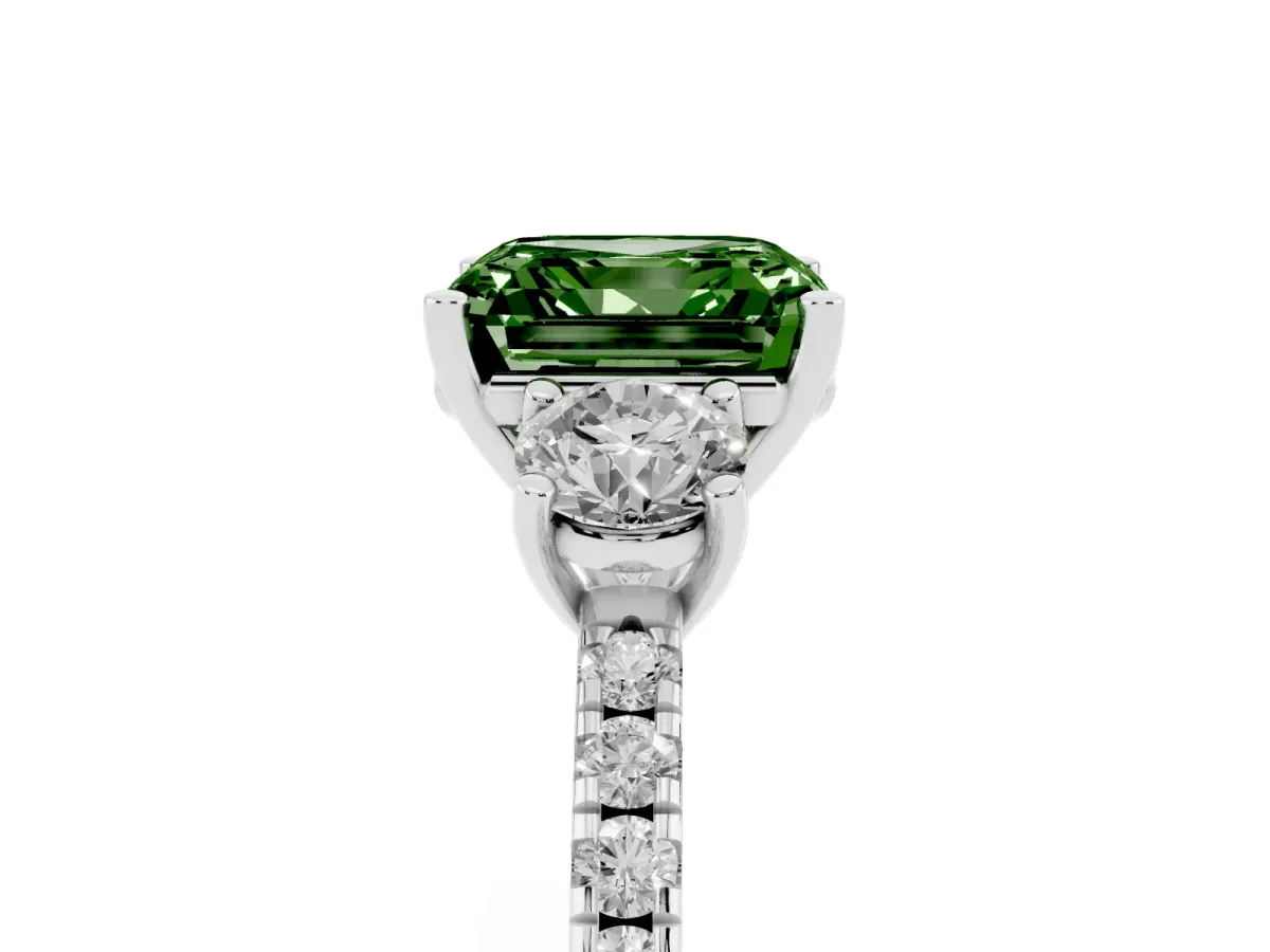 Fancy Green Three-Stone Asscher Cut Cut Diamond Pavé Band with Prong Setting Silver