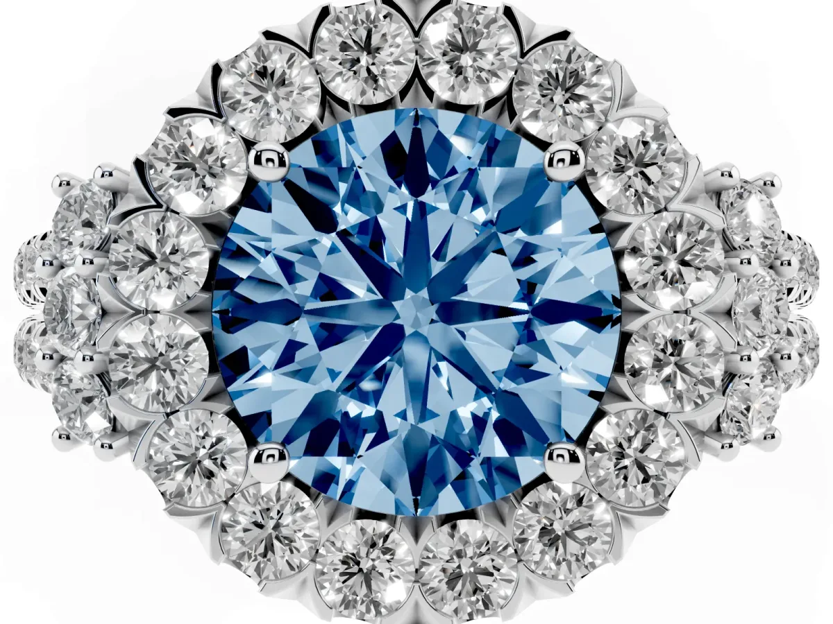 Fancy Blue Round Cut Cut Double Halo Diamond Engagement Ring with Pave Band and Four-Prong Setting Silver