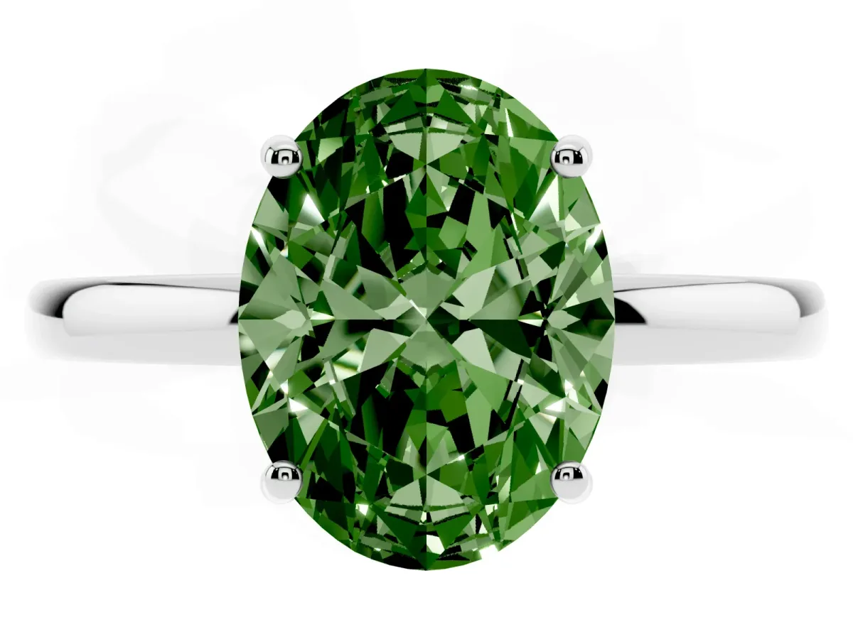 Fancy Green Oval Cut Solitaire Diamond Ring with Prong Setting and Plain Band Platinum