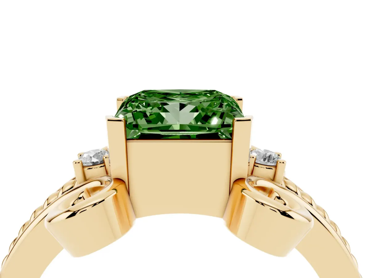 Fancy Green Princess Cut Solitaire Twisted Band Scroll Prong Ring Yellow gold