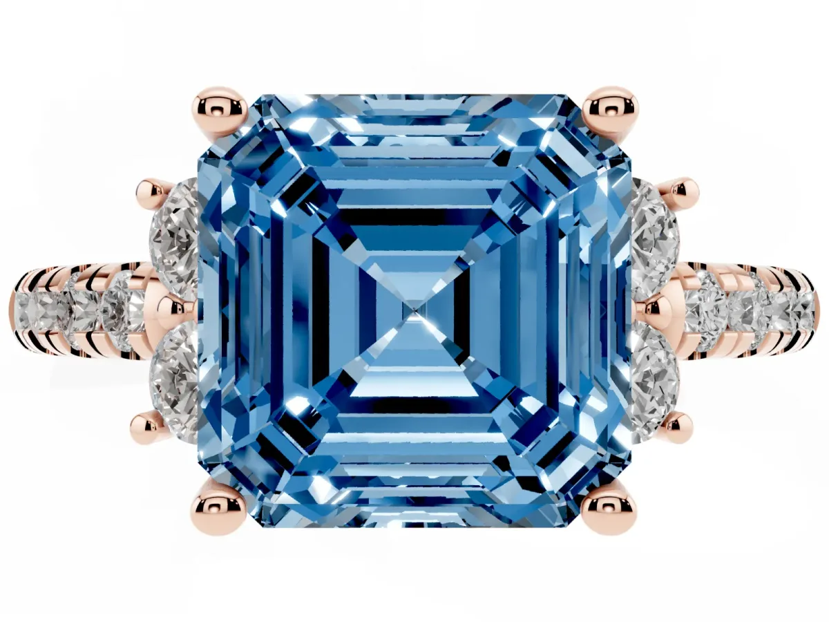 Fancy Blue Asscher Cut Diamond Three-Stone Pave Band with Four-Prong Setting Rose gold