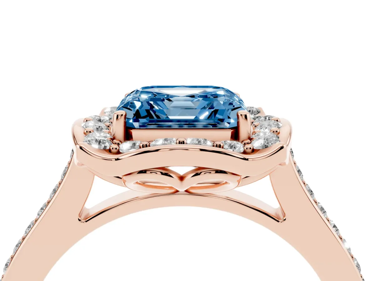 Fancy Blue Asscher Cut Halo Round Diamond Pave Band with Four-Prong Setting Rose gold