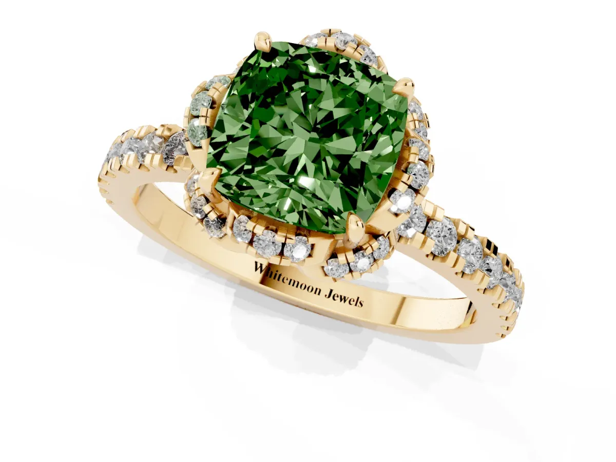 Fancy Green Cushion Cut Halo Diamond Pave Band Ring with Four-Prong Setting Yellow gold