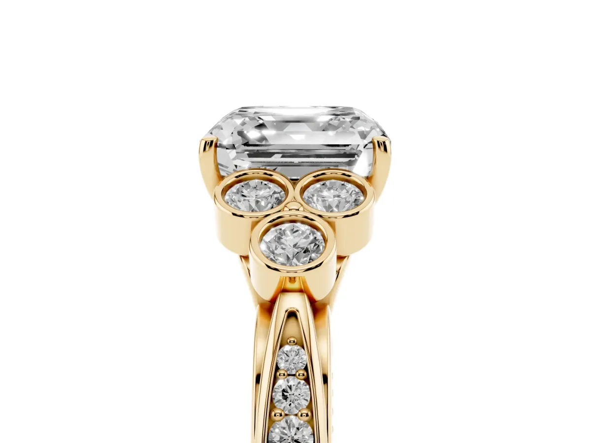 Asscher Cut Cut Diamond Engagement Ring with Bezel Set Round Side Stones and Prong Setting Yellow gold
