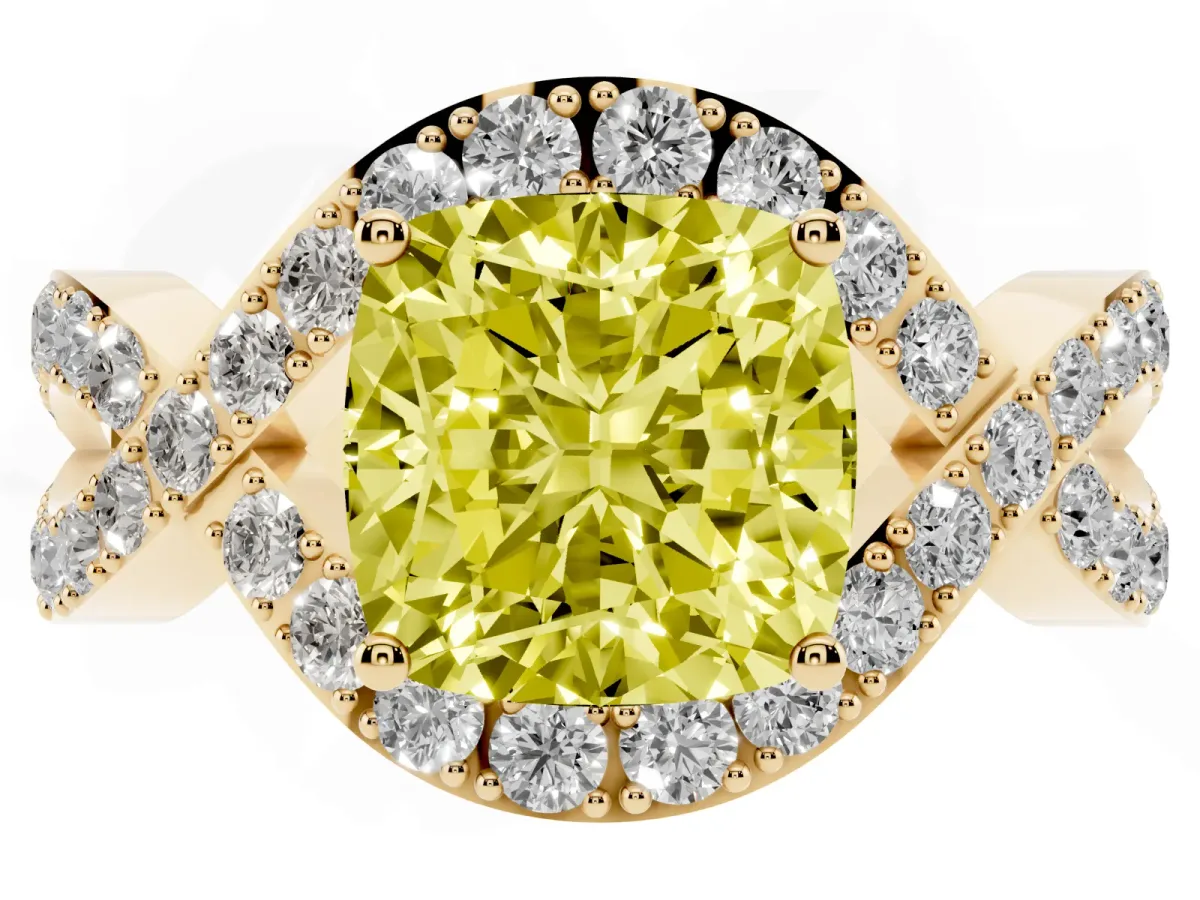 Fancy Yellow Cushion Cut Solitaire Twist Band Pavé Diamond Engagement Ring Yellow gold