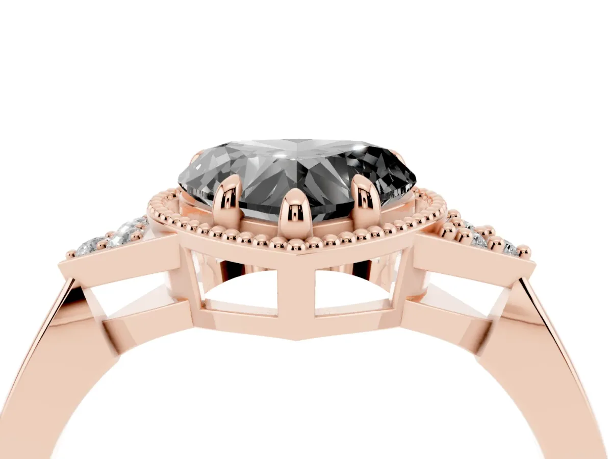 Fancy Black Hexagonal Halo Heart Cut Diamond Solitaire with Pavé Band and Four-Prong Setting Rose gold