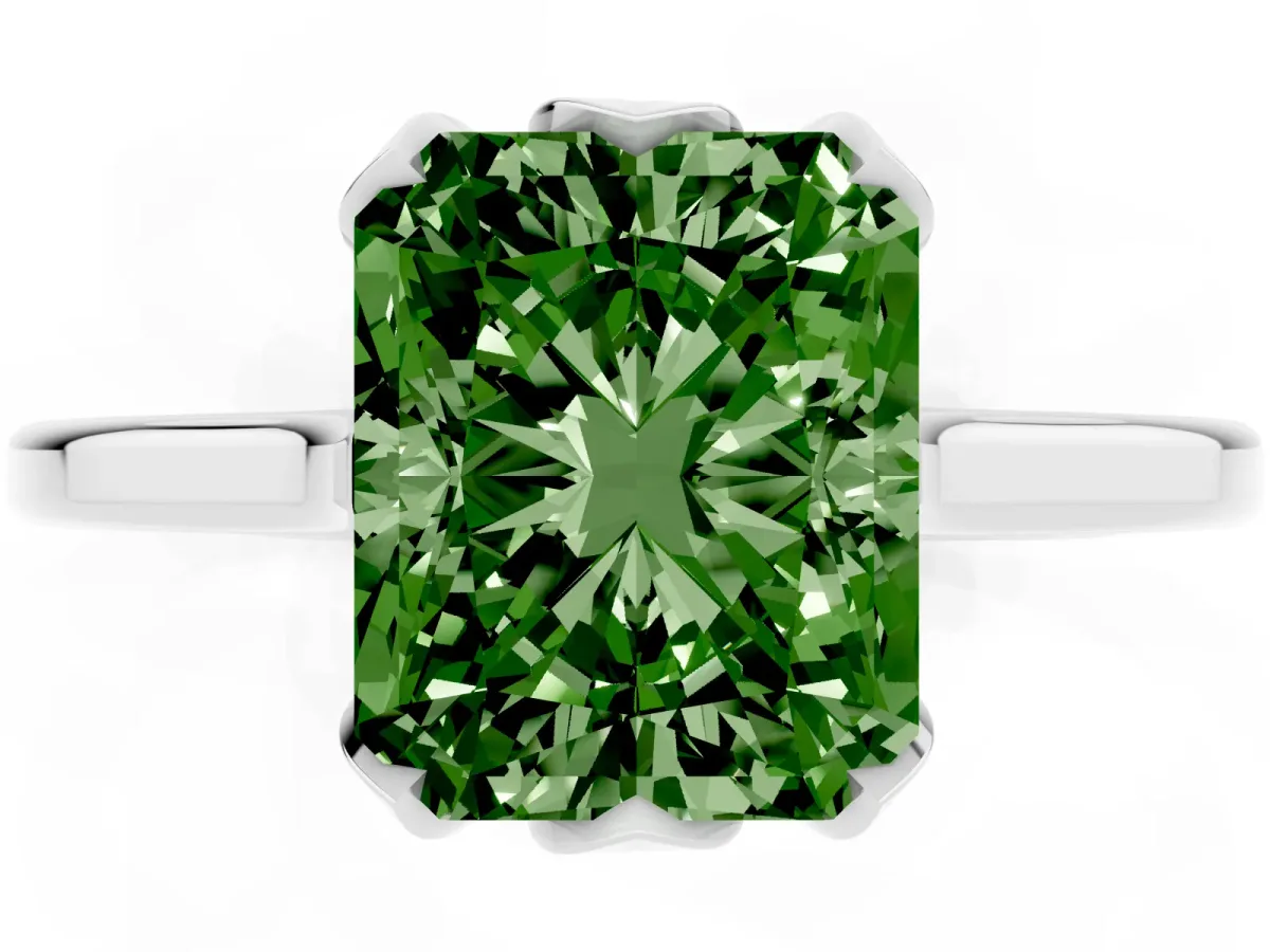Fancy Green Radiant Cut Diamond Solitaire Ring with Flower Prong Setting and Classic Band Silver