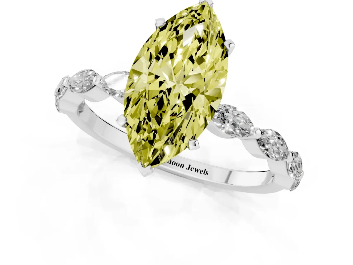 Fancy Yellow Marquise Cut Diamond Ring with Marquise Side Stones and Prong Setting Platinum