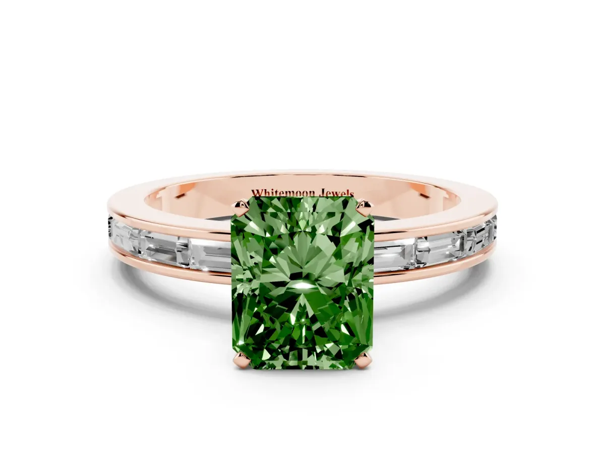 Fancy Green Radiant Cut Solitaire Diamond Ring with Channel-Set Baguette Band and Four-Prong Setting Rose gold