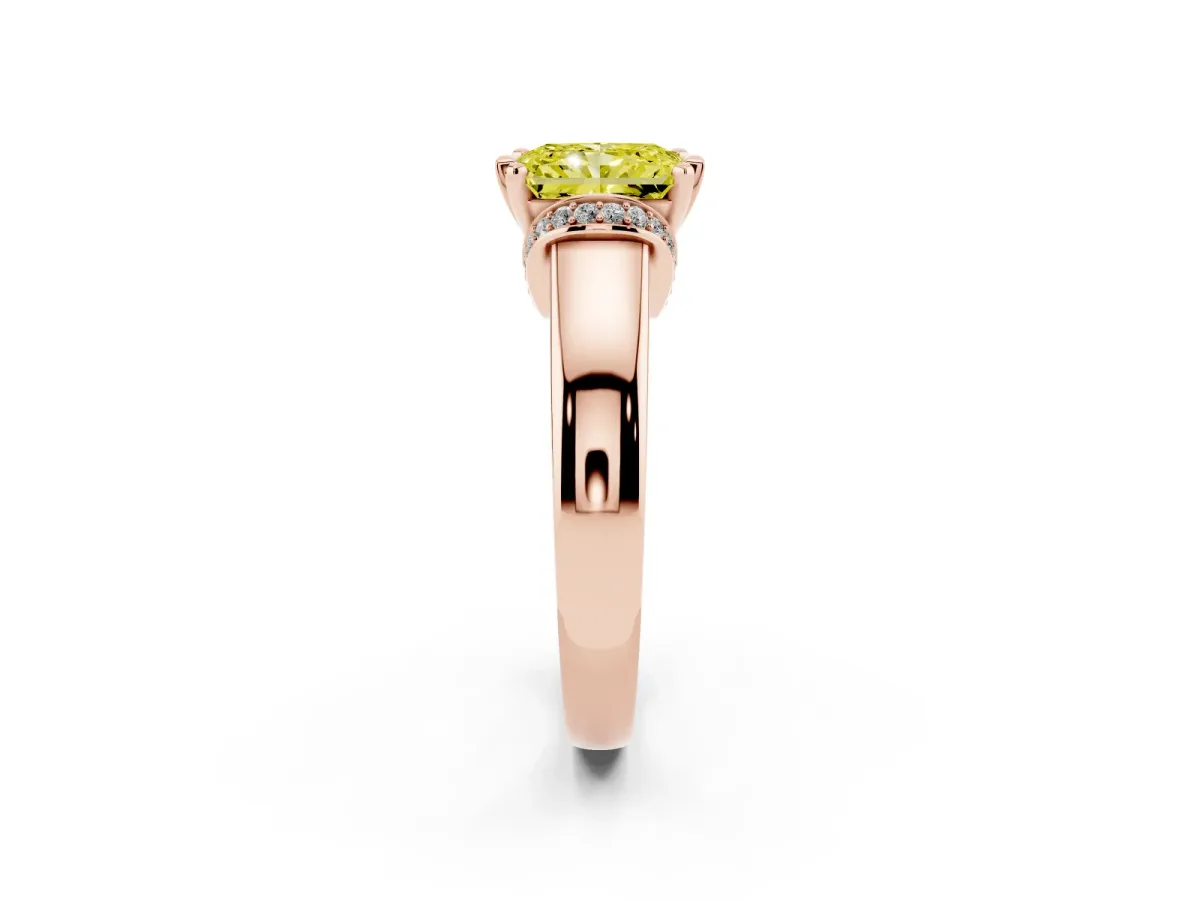 Fancy Yellow Radiant Cut Solitaire Diamond Ring with Pave Band and Six-Prong Setting Rose gold