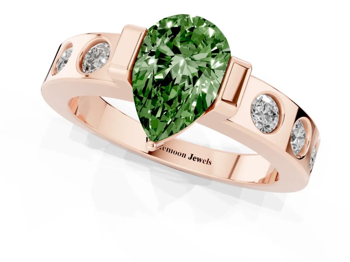 Fancy Green Pear Cut Brilliant Channel-Set Diamond Ring with Bezel Prong Setting Rose gold