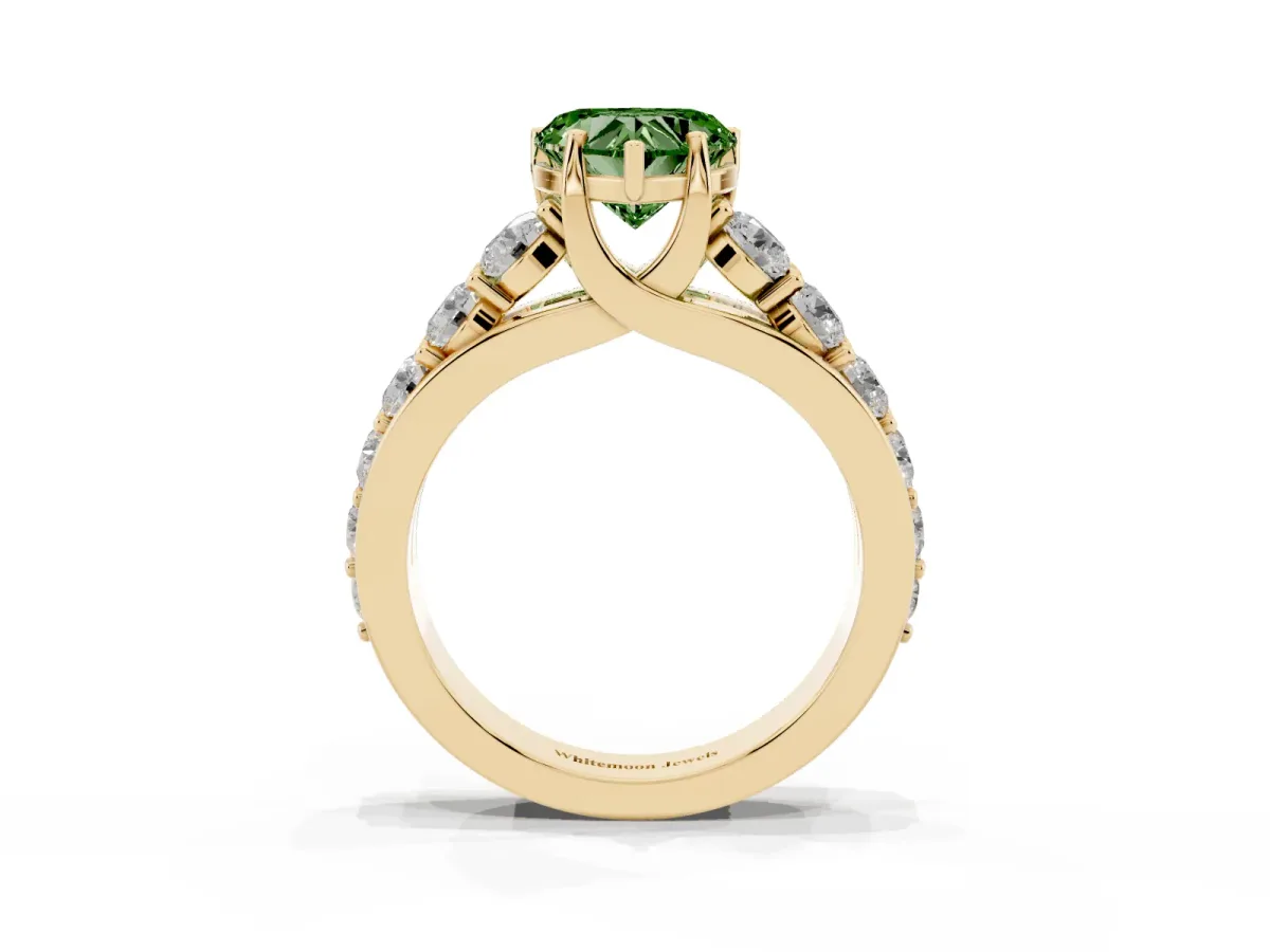 Fancy Green Heart Cut Diamond Engagement Ring with Pavé Band and Four-Prong Setting Yellow gold
