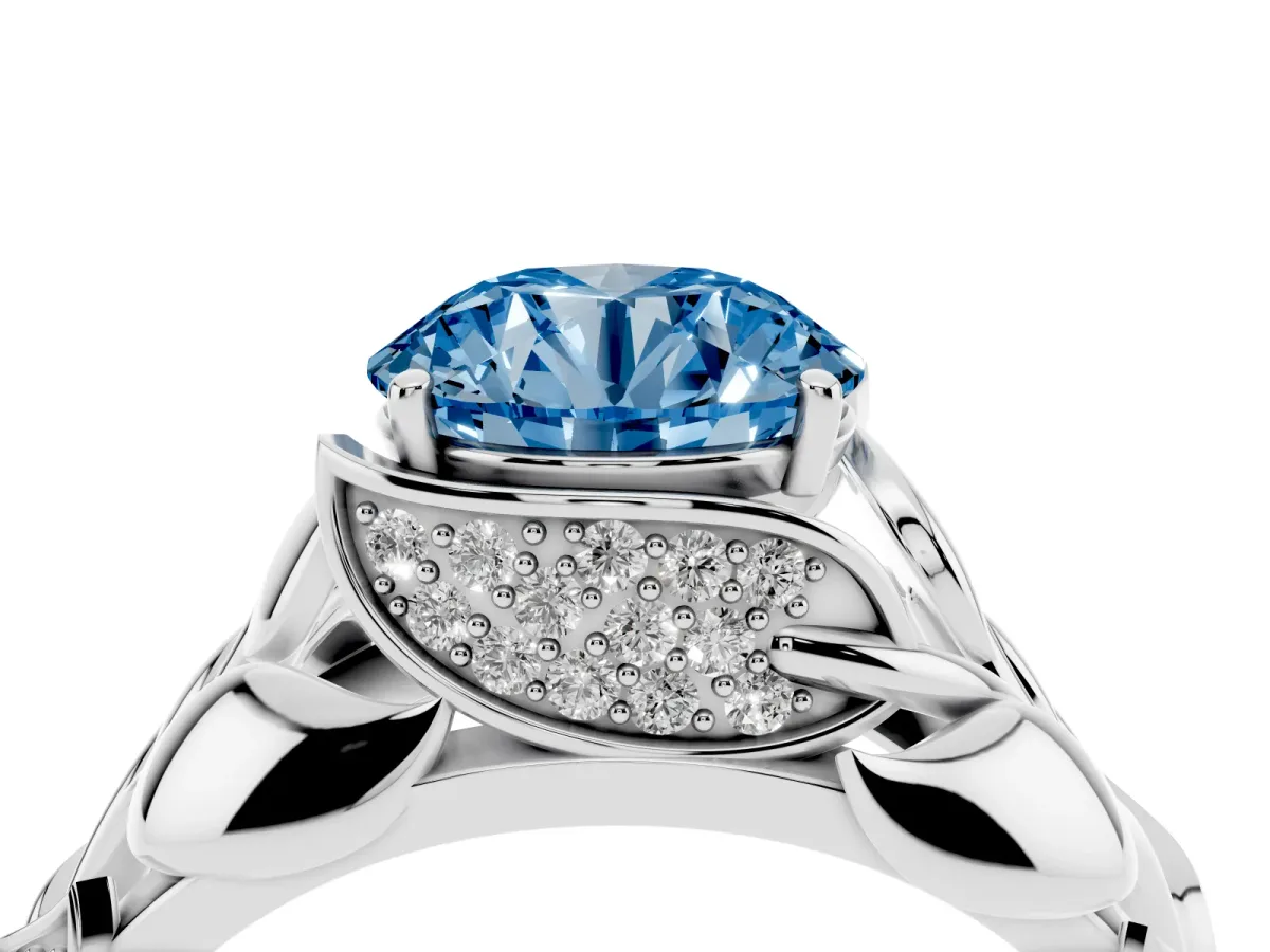 Fancy Blue Round Cut Diamond Leaf-Inspired Engagement Ring with Round Accents and Prong Setting Silver