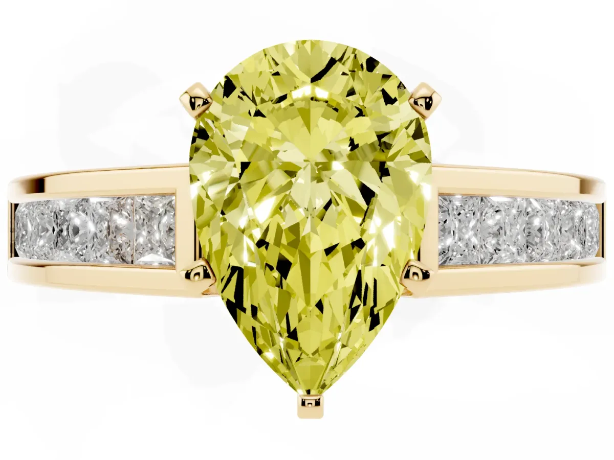 Fancy Yellow Pear Cut Solitaire Diamond Ring with Channel-Set Band and Four-Prong Setting Yellow gold