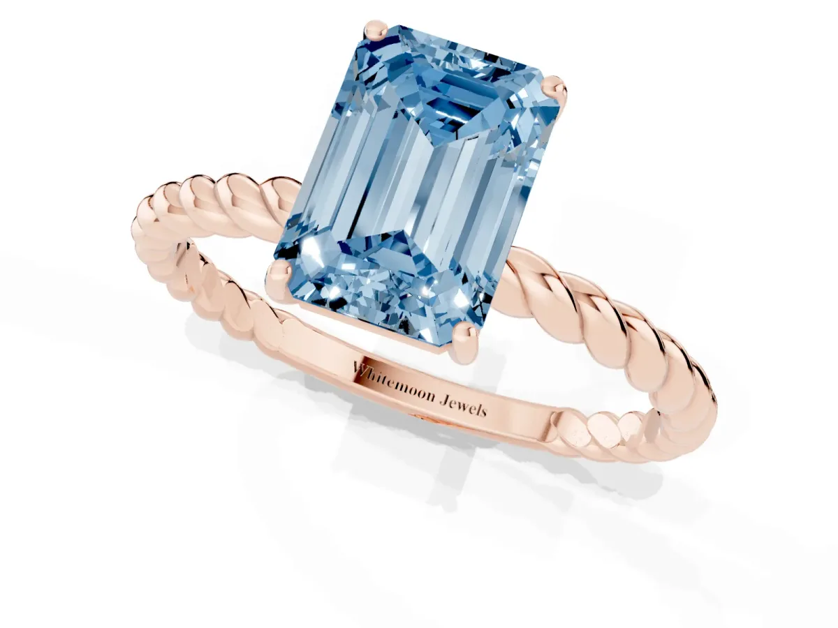 Fancy Blue Emerald Cut Solitaire Twisted Band 4-Prong Ring Rose gold