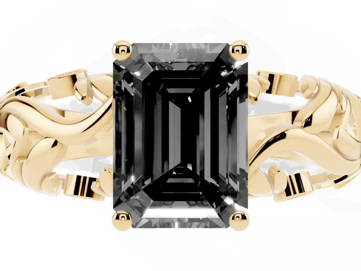 Fancy Black Emerald Cut Solitaire Diamond Leaf-Inspired Vine Band Ring with Prong Setting Yellow gold