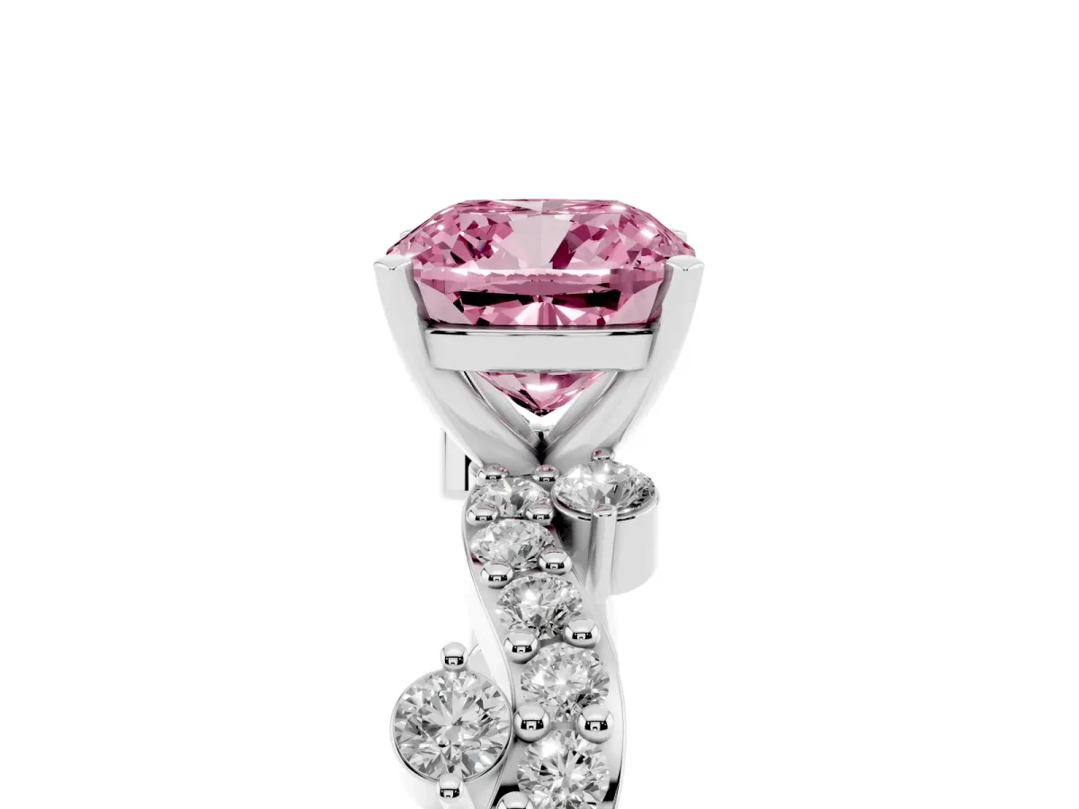 Fancy Pink Cushion Cut Cut Solitaire Diamond Twisted Band with Pave Setting Silver