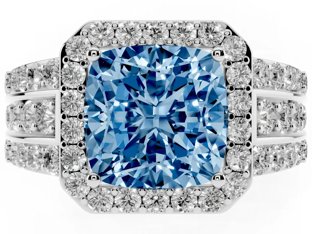 Fancy Blue Cushion Cut Halo Diamond Ring with Round Split Shank and Prong Setting Platinum