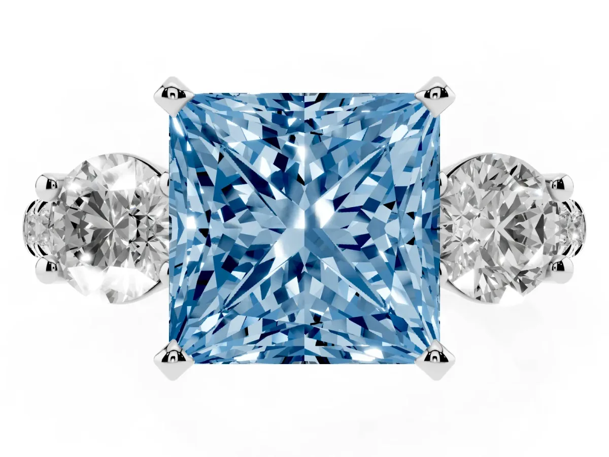 Fancy Blue Three-Stone Princess Cut Diamond Pavé Band with Four-Prong Setting Silver