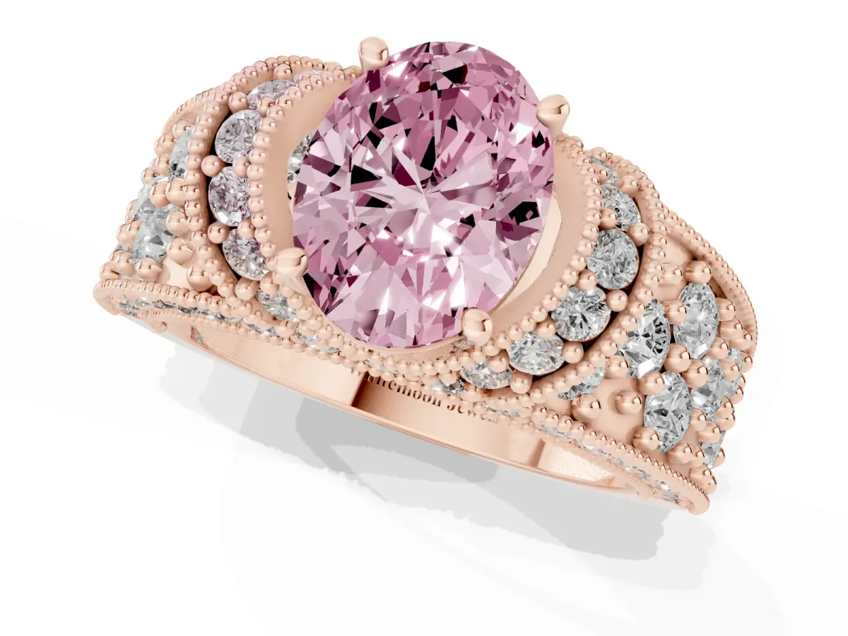 Fancy Pink Oval Cut Halo Pave Diamond Engagement Ring with Milgrain Detailing Rose gold