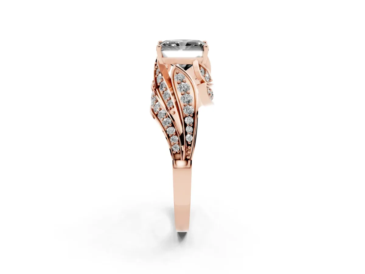 Fancy Black Radiant Cut Diamond Solitaire Ring with Prong Setting and Twisted Pavé Band Rose gold