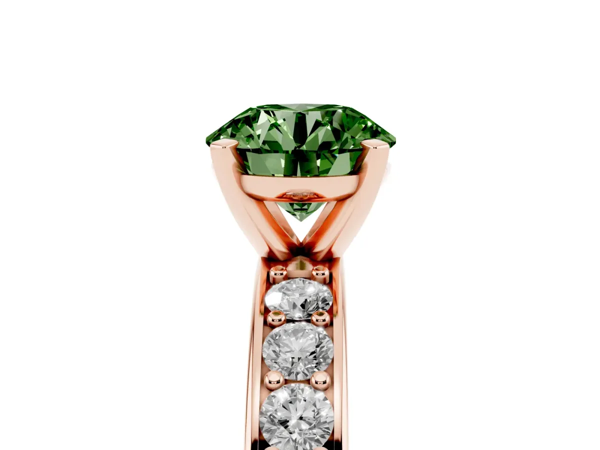 Fancy Green Round Cut Diamond Engagement Ring with Channel Set Round Band and Prong Setting Rose gold
