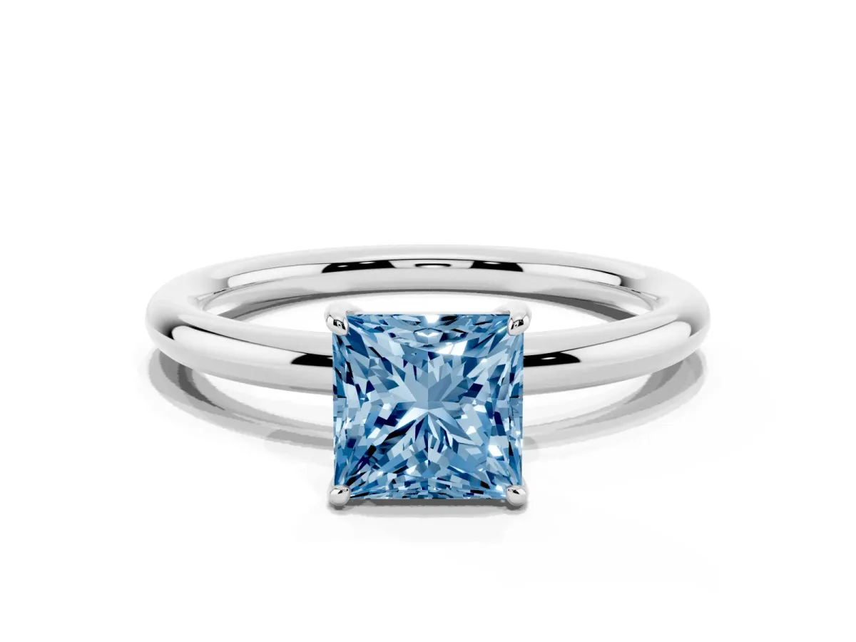 Fancy Blue Princess Cut Solitaire Diamond Ring with Four-Prong Setting on a Plain Band Platinum