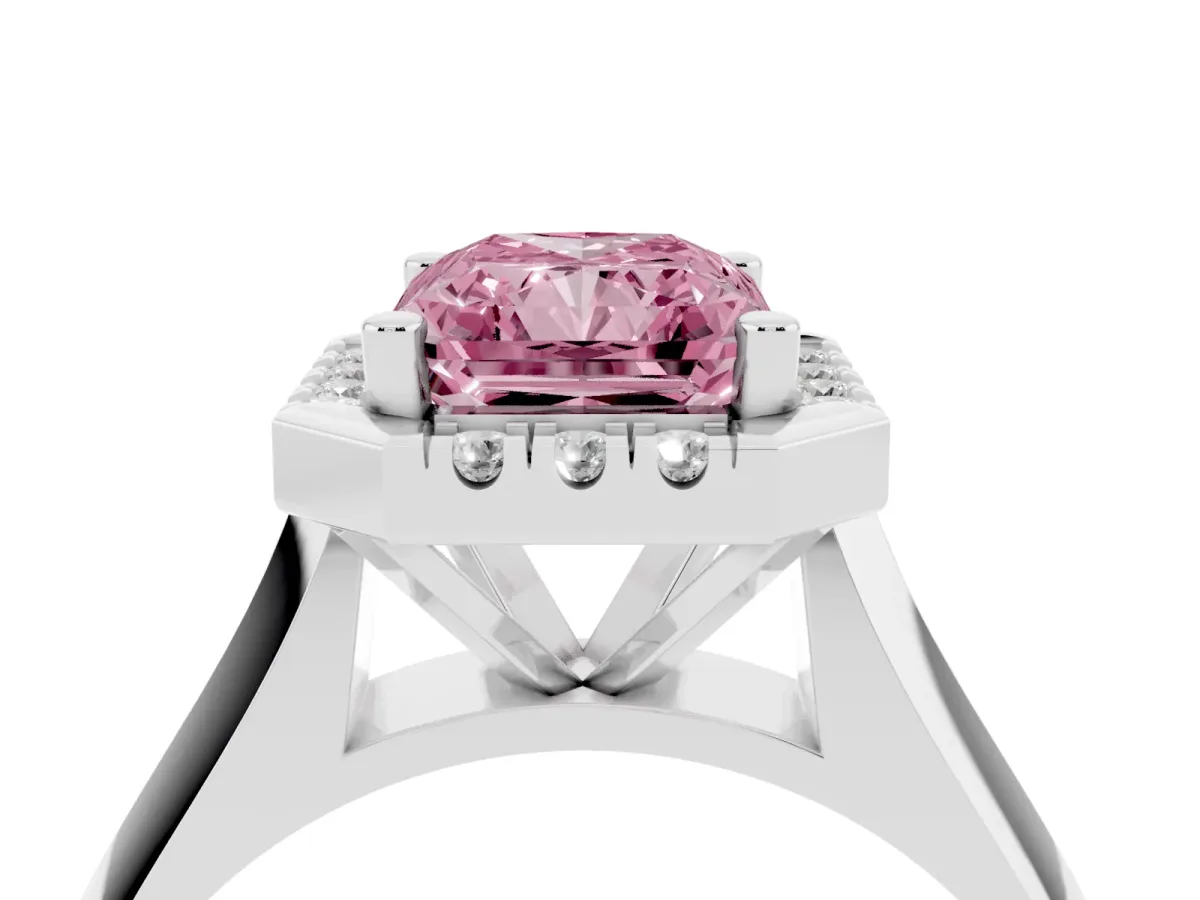 Fancy Pink Radiant Cut Cut Halo Solitaire Engagement Ring with Square Band and Four-Prong Setting White gold