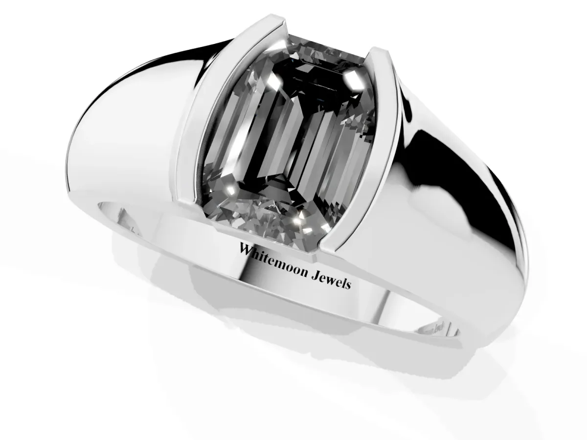 Fancy Black Emerald Cut Solitaire Bezel Set Diamond Ring with Wide Band Platinum