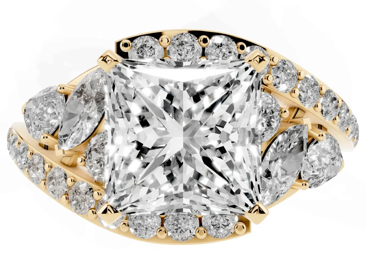 Princess Cut Diamond Halo Ring with Marquise and Pavé Band in Prong Setting Yellow gold