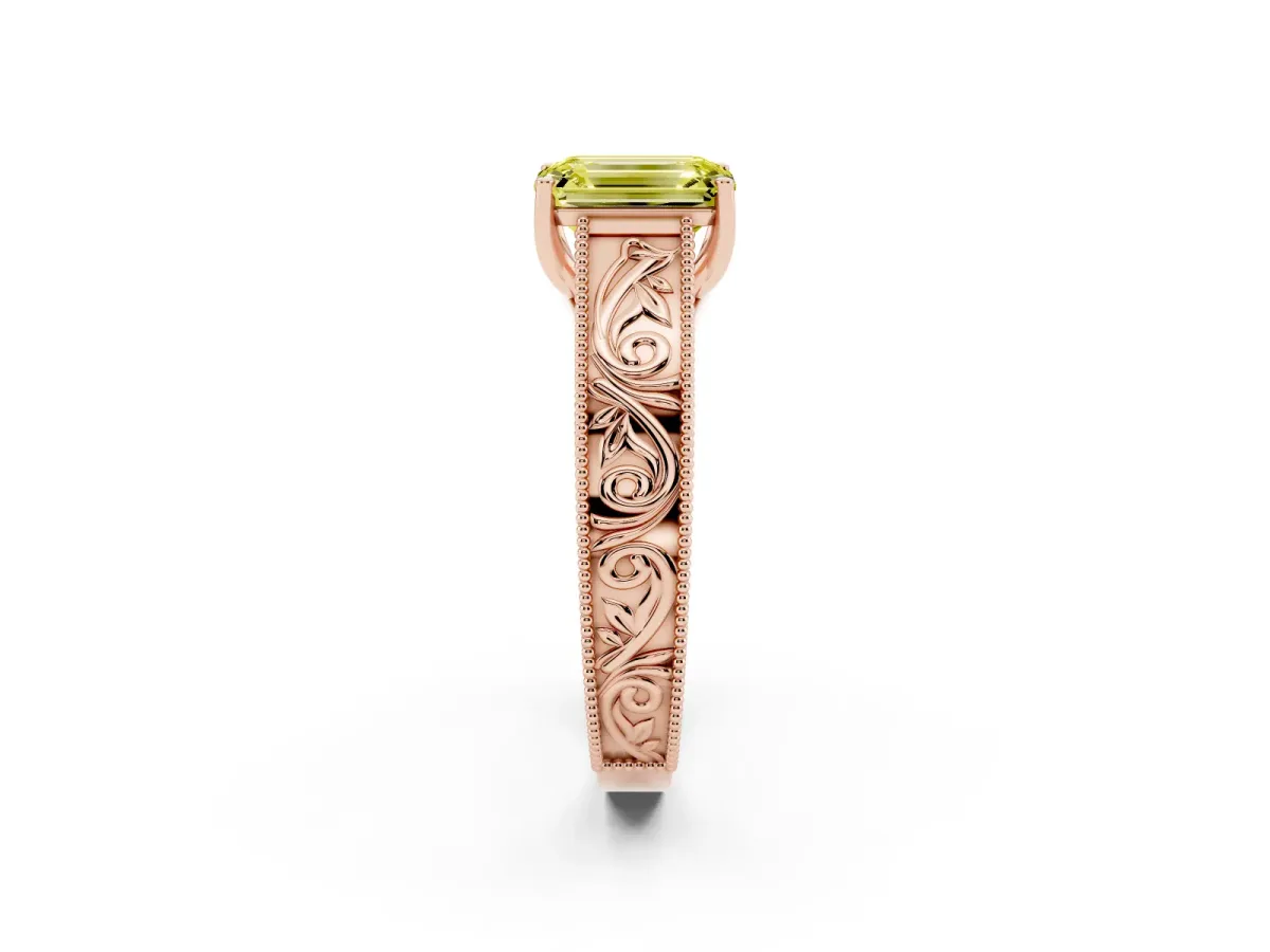 Fancy Yellow Emerald Cut Diamond Solitaire Ring with Engraved Band and Four-Prong Setting Rose gold