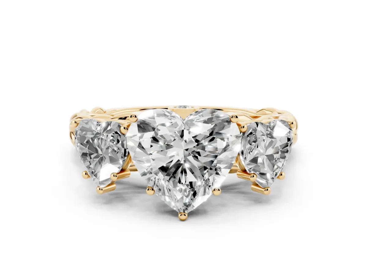 Three-Stone Heart Cut Diamond Braided Band Ring with Four-Prong Setting Yellow gold