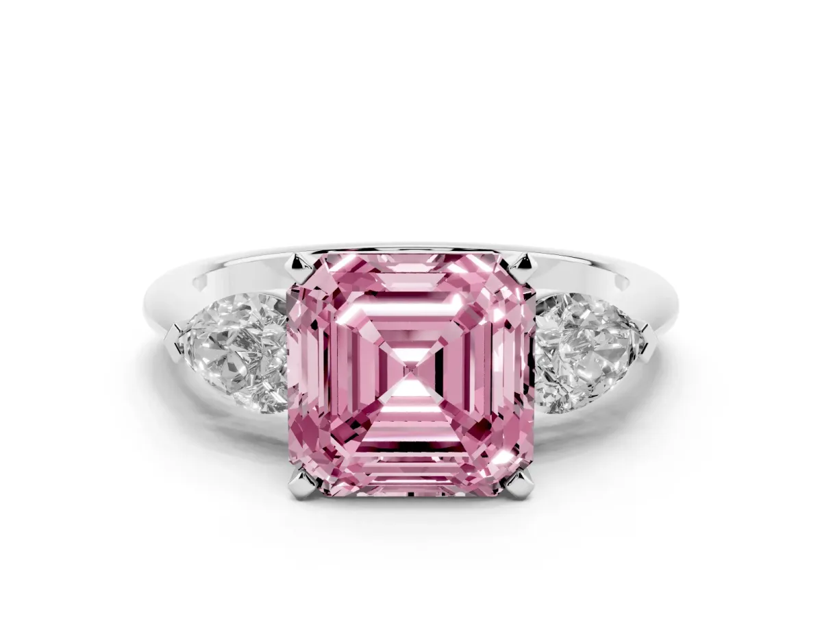 Fancy Pink Three-Stone Asscher Cut Diamond Ring with Pear Side Stones and Four-Prong Setting Silver