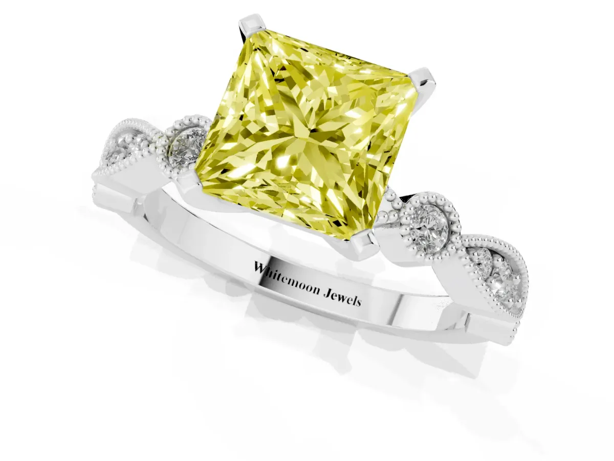 Fancy Yellow Princess Cut Milgrain Bezel Diamond Engagement Ring with Solitaire Prong Setting Silver