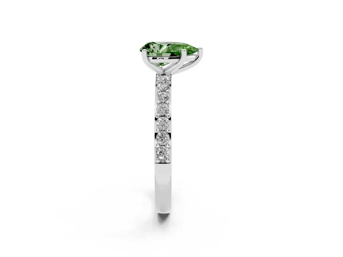 Fancy Green Pear Cut Cut Diamond Solitaire with Pave Band and Four-Prong Setting Silver