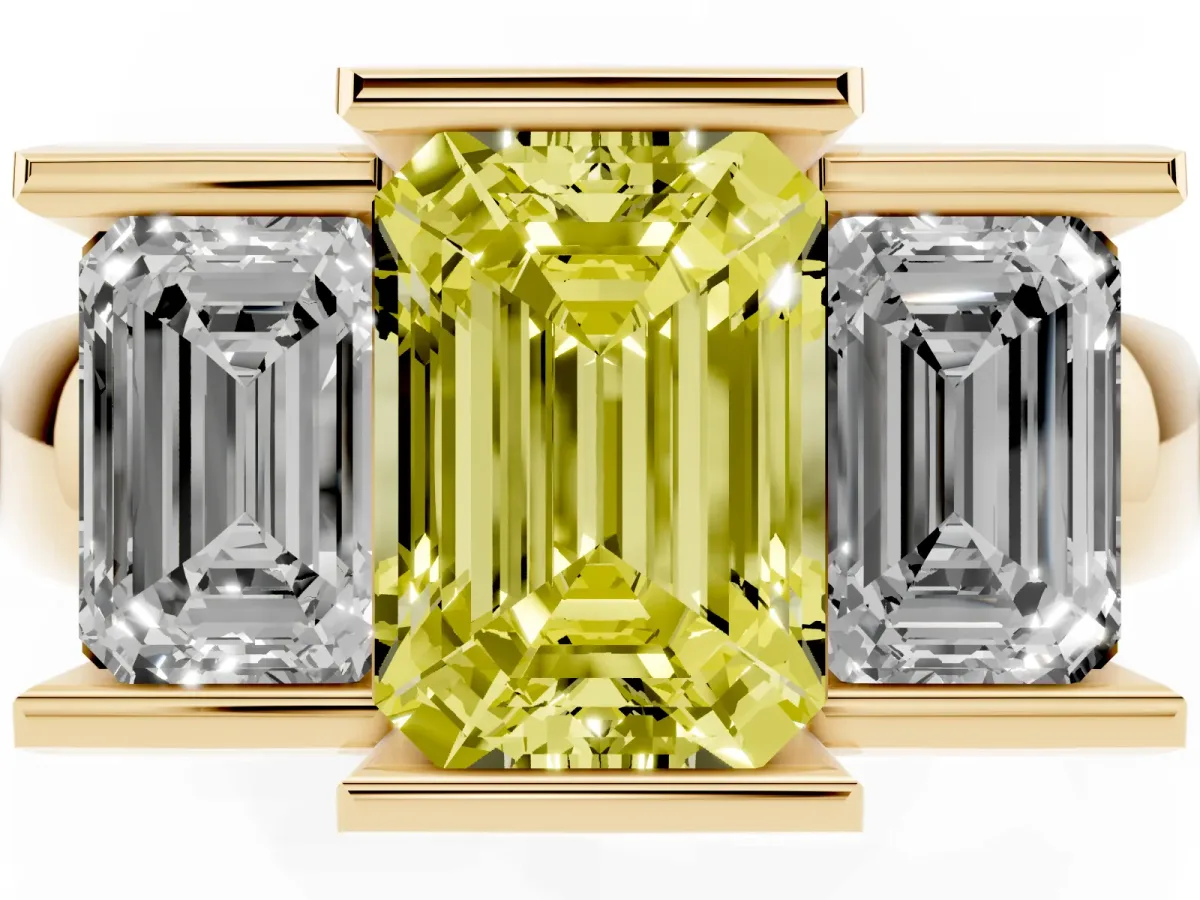 Fancy Yellow Three Stone Emerald Cut Cut Channel Set Diamond Ring Yellow gold