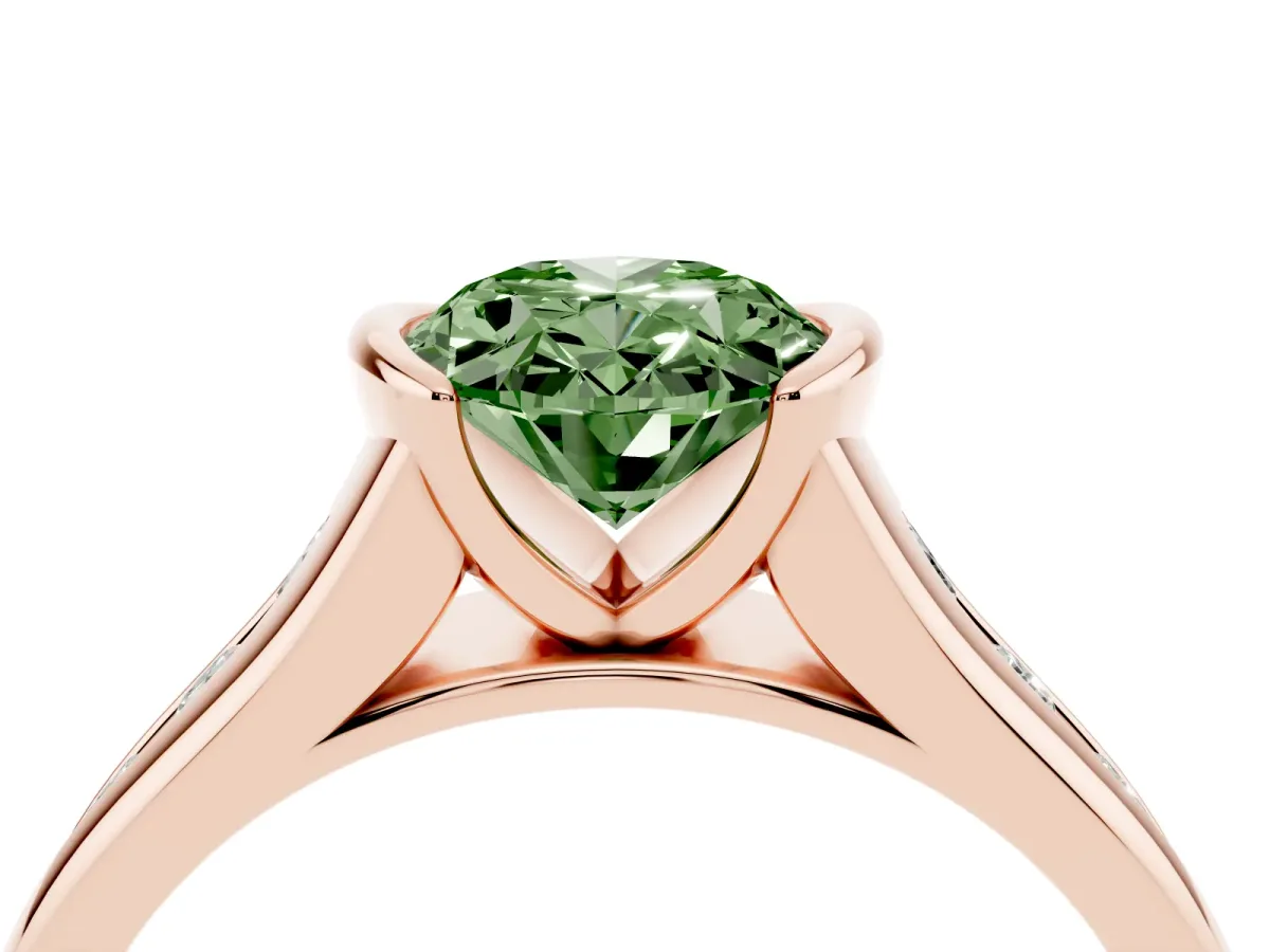 Fancy Green Oval Cut Solitaire Bezel-Set Diamond Ring with Channel-Set Band Rose gold