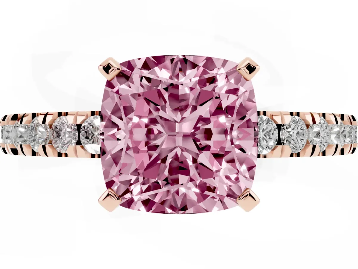 Fancy Pink Cushion Cut Solitaire Diamond with Pavé Band and Four-Prong Setting Rose gold
