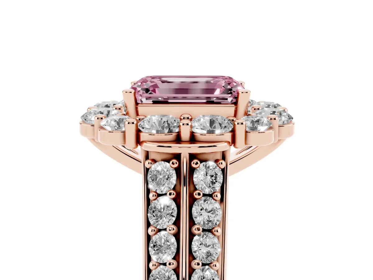 Fancy Pink Emerald Cut Halo Diamond Engagement Ring with Split Shank and Prong Setting Rose gold