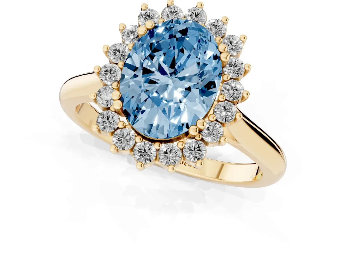 Fancy Blue Oval Cut Cut Diamond Halo Ring with Solitaire Band and Prong Setting Yellow gold