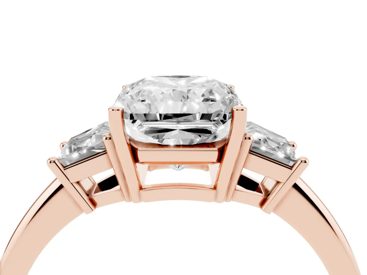 Radiant Cut Diamond Three-Stone Ring with Trapezoid Side Stones and Prong Setting Rose gold