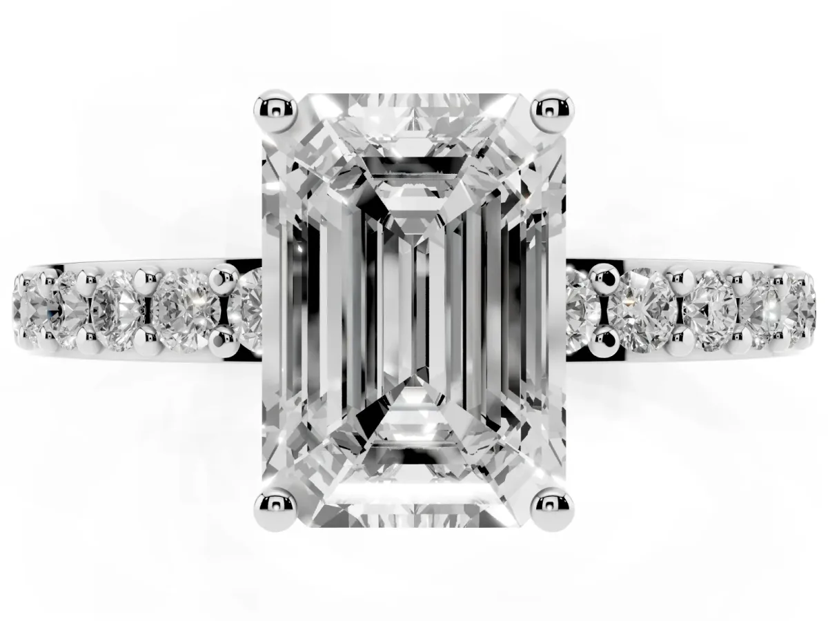Emerald Cut Cut Diamond Solitaire with Pave Band and Four-Prong Setting Platinum