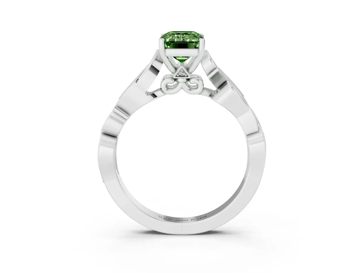 Fancy Green Emerald Cut Solitaire Vine Band with Milgrain Prong Setting Platinum